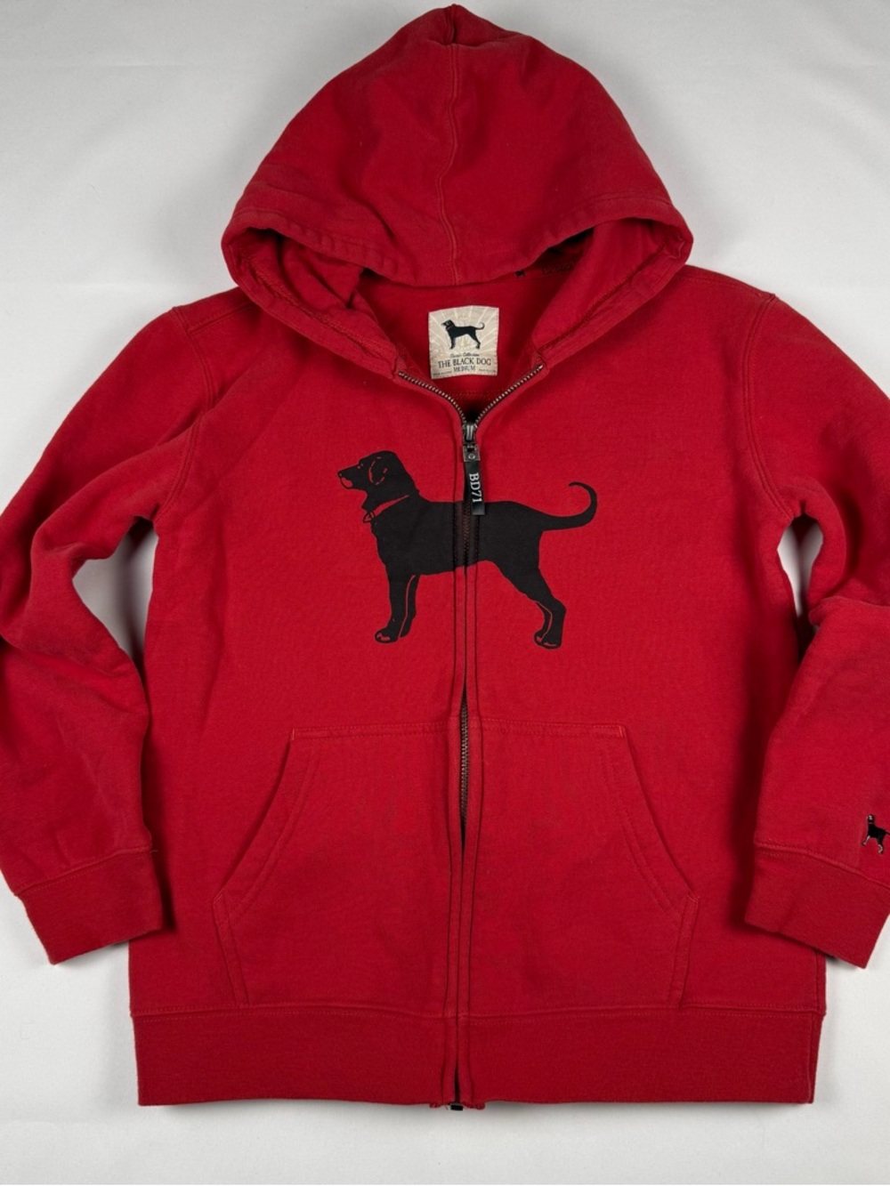 The Black Dog Red Kids Zip Hoodie with Black Dog Graphic